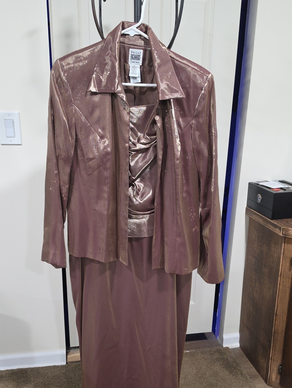 R&M Richards Metallic Taupe Maxi Skirt Set